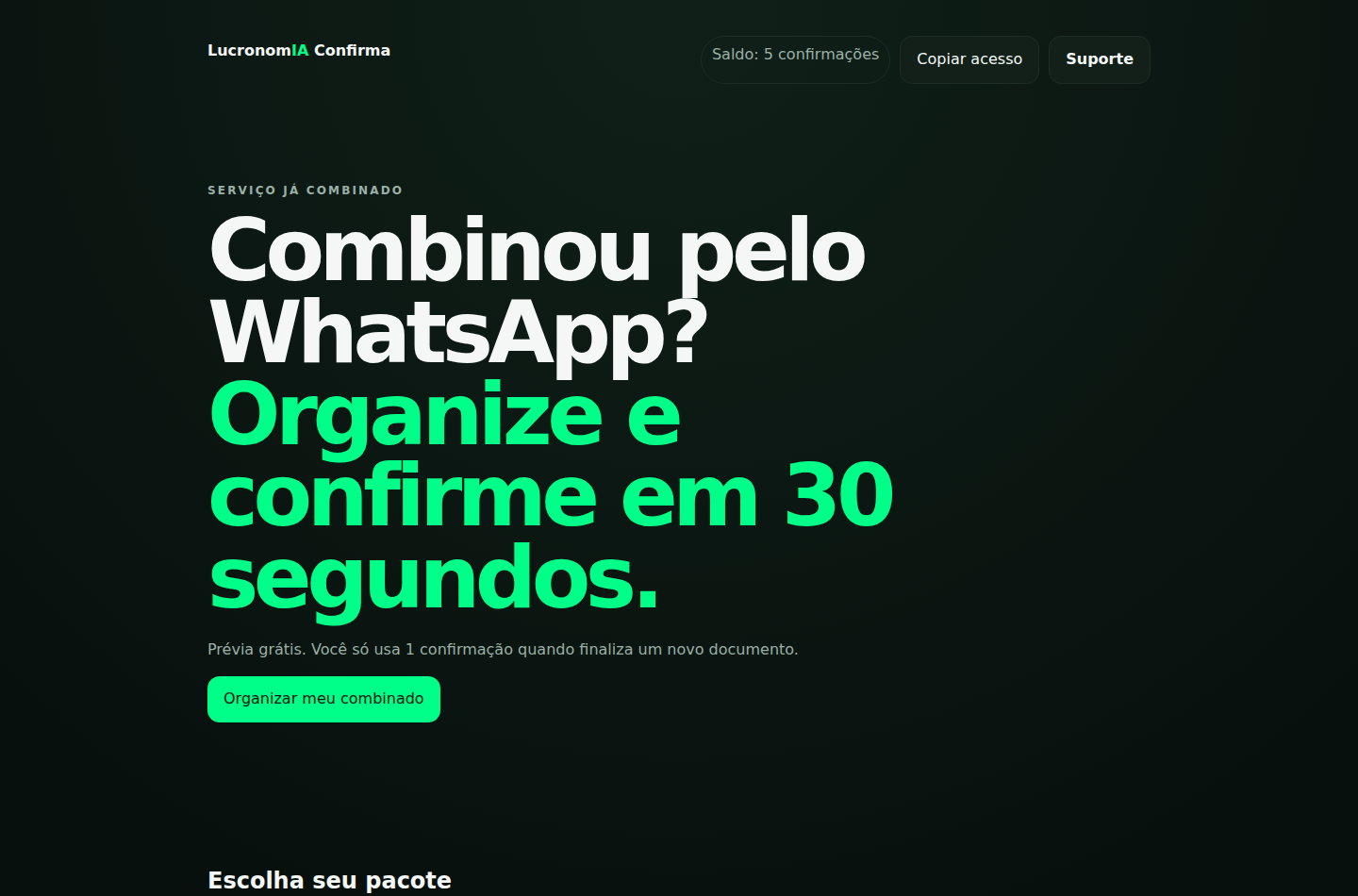 Tela inicial do Confirma com os pacotes de créditos